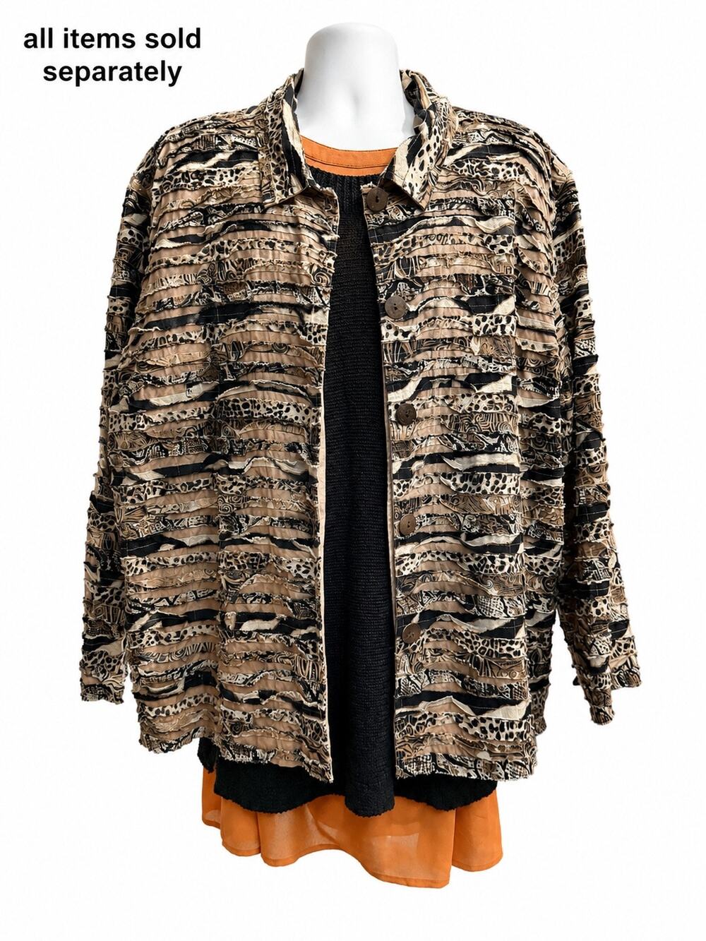 Animal Print Shredded Patchwork Jacket Textured Boho Artsy Layering Top 4X
